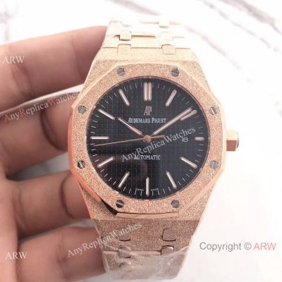 Replica Audemars Piguet Frosted Rose Gold Black Dial Wrist Watch